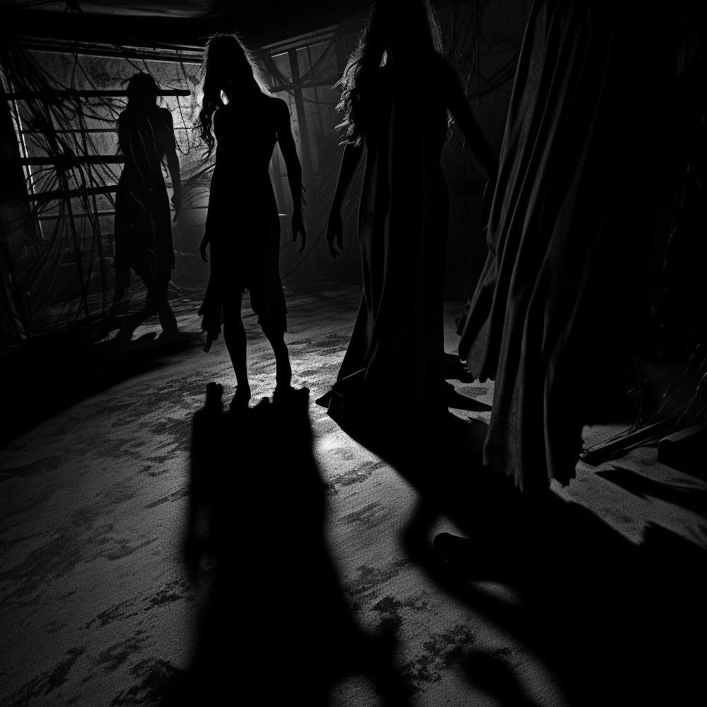 Prompt: The shadows seemed to move with a life of their own, stretching and writhing as if they were alive. The darkness seemed to close in on them, and the only sound was the pounding of their hearts as they tried to escape the lurking terror that lurked in the night