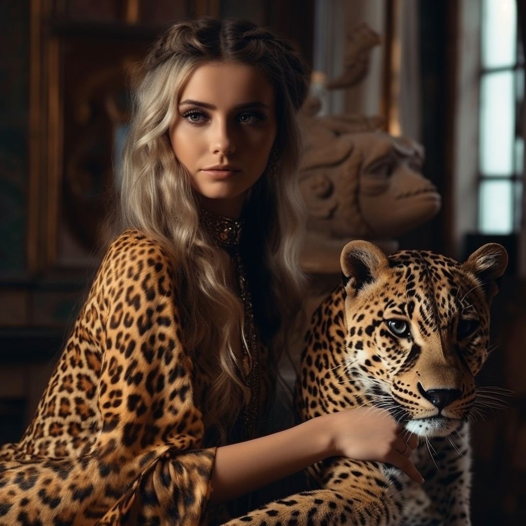 Prompt: luxury girl in leopard dress with leopard as her pet