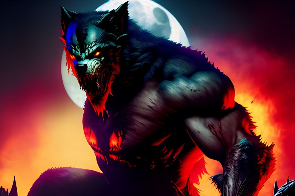 Prompt: muted colors, Attacking, menacing, ferocious, Toned, Ripped Werewolf+++, massive fangs, blood++++, scary++++, gore++++, horror+++, beaming moon, Acrylic, vivid colors, hard shadows, highly detailed, intricate detail, cinematic lighting, artstation