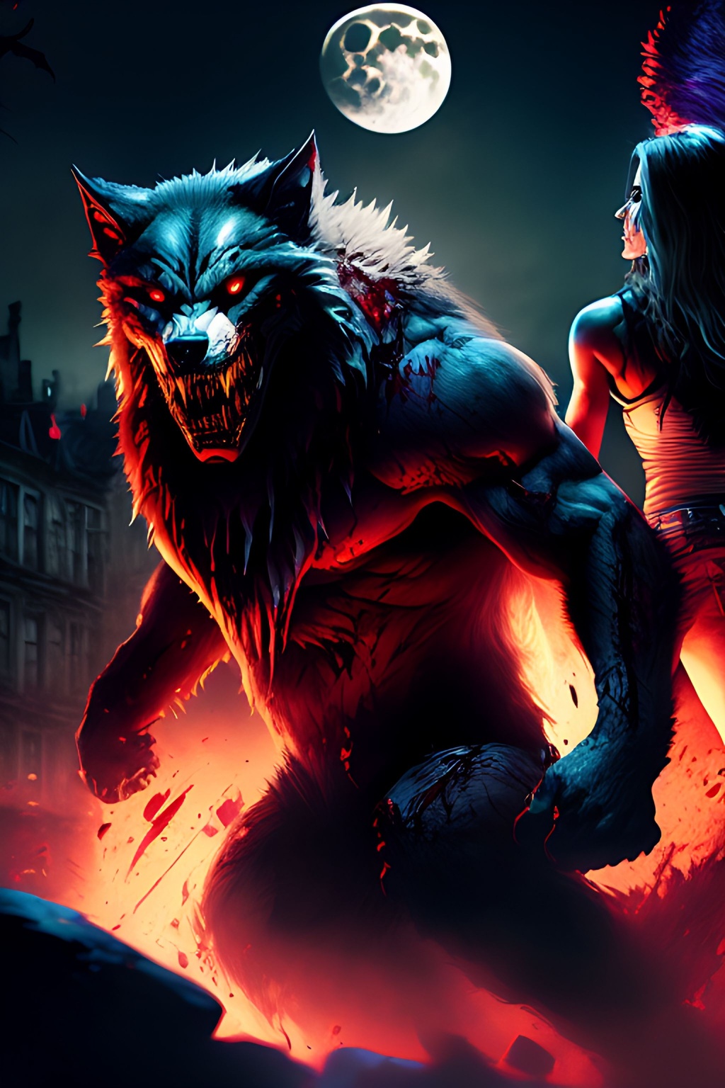 Prompt: muted colors, menacing, Toned, Ripped Werewolf big claws chasing a young woman+++, blood++, scary++, gore++, horror++, beaming moon, perfectly drawn claws, hands, Acrylic, vivid colors, hard shadows, highly detailed, intricate detail, cinematic lighting, artstation