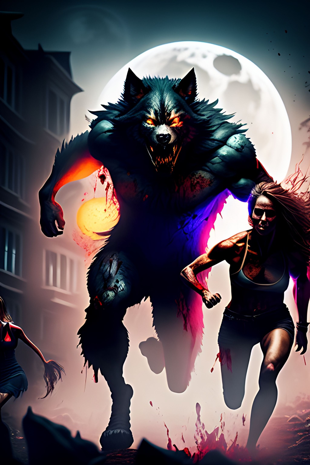 Prompt: muted colors, menacing, Toned, Ripped Werewolf chasing a young woman+++, blood++, scary++, gore++, horror++, beaming moon, , Acrylic, vivid colors, hard shadows, highly detailed, intricate detail, cinematic lighting, artstation