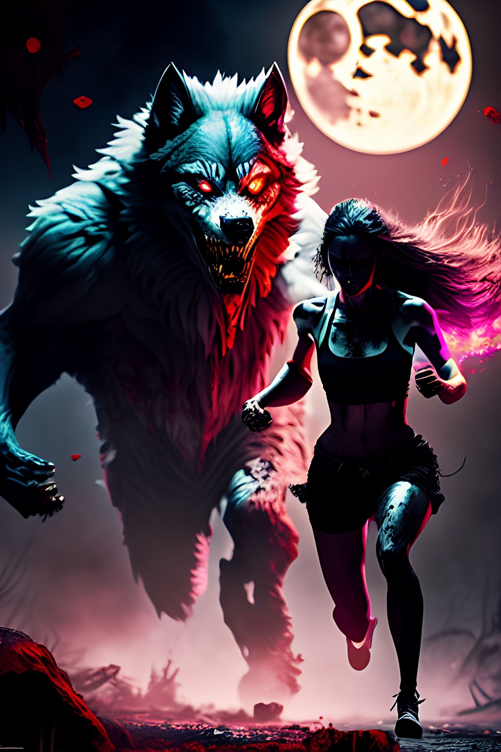 Prompt: muted colors, menacing, Toned, Ripped Werewolf chasing a young woman+++, blood++, scary++, gore++, horror++, beaming moon, , Acrylic, vivid colors, hard shadows, highly detailed, intricate detail, cinematic lighting, artstation