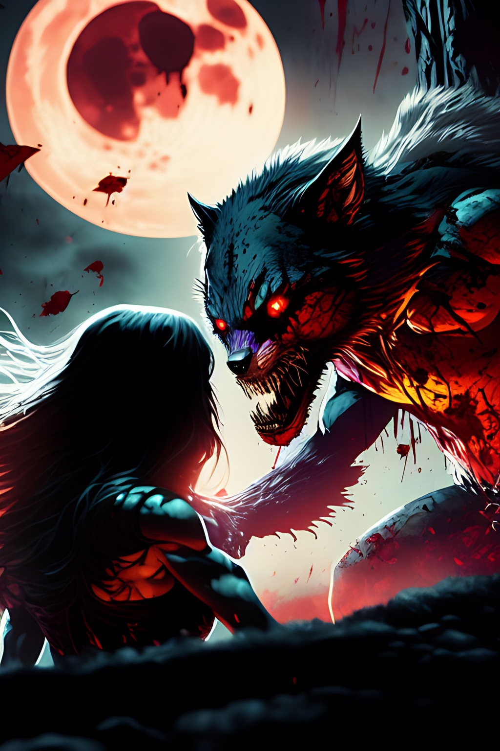 Prompt: Graphic Novel, Comic book, muted colors, blood+++, scary+++, gore+++, horror+++menacing, Attacking, Toned, Ripped, Werewolf claws chasing a young terrified++ woman+++,beaming moon, perfectly drawn claws, hands,+++ Acrylic, vivid colors, hard shadows, highly detailed, intricate detail, cinematic lighting, artstation, random action