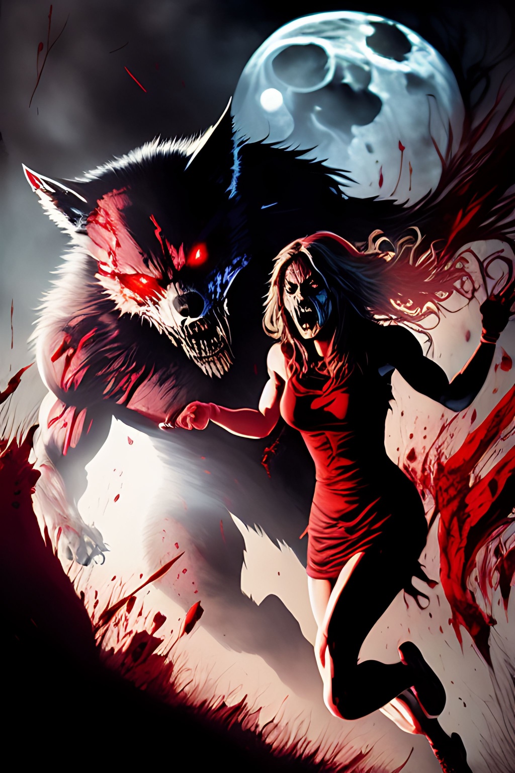 Prompt: Graphic Novel, Comic book, muted colors, blood+++, scary+++, gore+++, horror++,menacing, Attacking, Toned, Ripped, Werewolf claws chasing a young terrified++ screaming woman+++, beaming moon, perfectly drawn claws, hands,+++++ Acrylic, vivid colors, hard shadows, highly detailed, intricate detail, cinematic lighting, artstation, random action