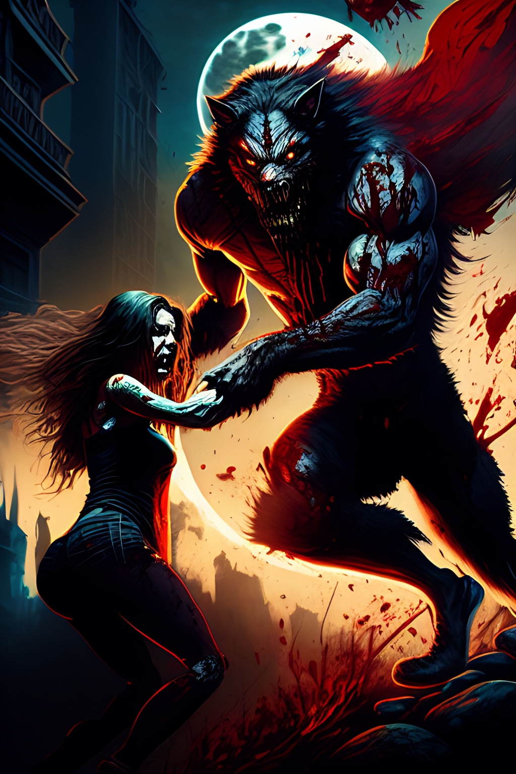 Prompt: Graphic Novel, muted colors, menacing, Toned, Ripped Werewolf claws chasing a young terrified woman+++, blood+++, scary++, gore+++, horror+++, beaming moon, perfectly drawn claws, hands,+++ Acrylic, vivid colors, hard shadows, highly detailed, intricate detail, cinematic lighting, artstation