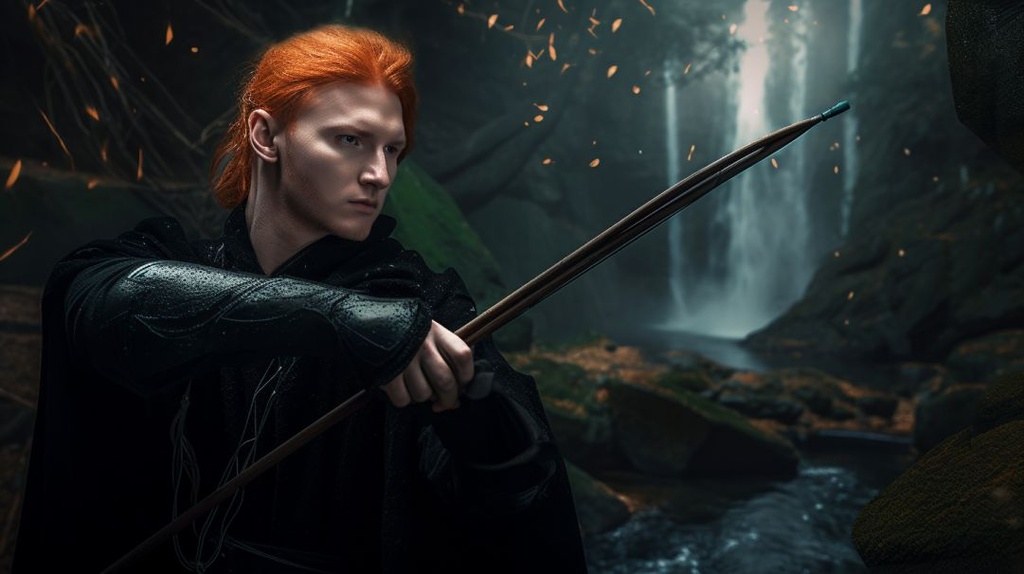 Prompt: photorealistic Tartaglia with bright blue eyes and ginger hair, holding a bow and shooting a water arrow, in front of a waterfall. There are trees around him, and he is wearing black clothing. The lighting is dramatic and intense, and he is looking at the camera with a confident smirk --ar 16:9 --q 2 --upbeta --v 5