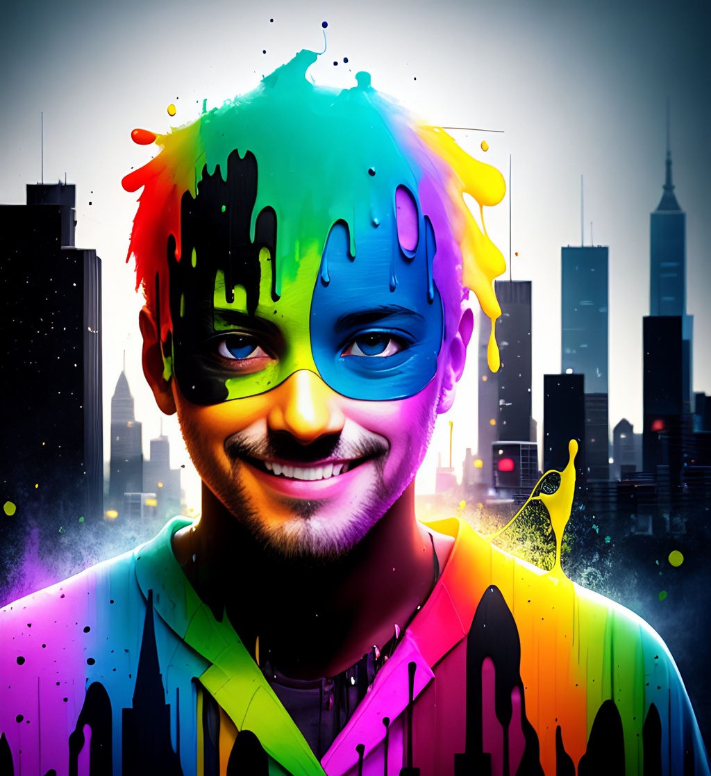 Prompt: ++++++superhero character smiling Portrait, dripping paint, city skyline ,muted colors, acrylic poster art, symmetrical, colorful, by Andy Kubert,  masterpiece, professional, vivid color, volumetric lighting, fog, professional, 8k, cinematic, xyf8, unreal engine, octane render, bokeh, vray, houdini render, quixel,  cinematic lighting, luminescence, translucency, arnold render, 8k uhd, raytracing, lumen reflections, cgsociety, ultra realistic, 100mm, film photography, dslr, cinema4d, studio quality, film grain, award-winning,