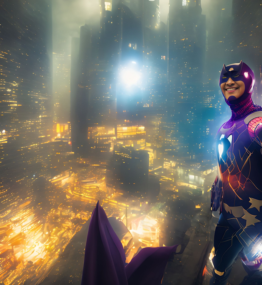 Prompt: Animated Portrait of a superhero+++ character smiling ,muted colors, acrylic, action scene, symmetrical, colorful,   masterpiece, professional, vivid color, volumetric lighting, fog, professional, 8k, cinematic, xyf8, unreal engine, octane render, bokeh, vray, houdini render, quixel,  cinematic lighting, luminescence, translucency, arnold render, 8k uhd, raytracing, lumen reflections, cgsociety, ultra realistic, 100mm, film photography, dslr, cinema4d, studio quality, film grain, award-winning,