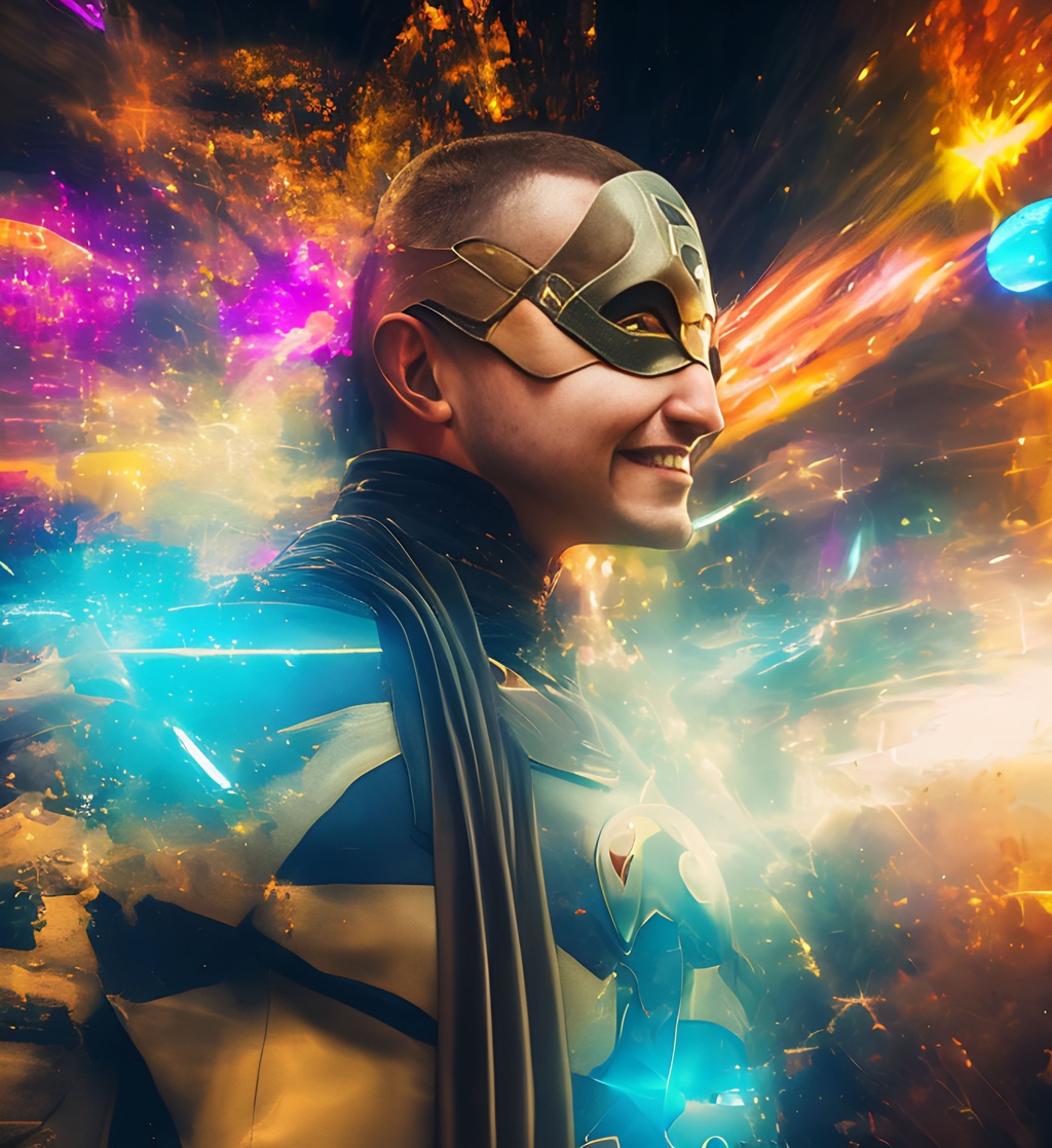 Prompt: Portrait of a superhero+++ character smiling ,muted colors, acrylic, action scene, symmetrical, colorful,   masterpiece, professional, vivid color, volumetric lighting, fog, professional, 8k, cinematic, xyf8, unreal engine, octane render, bokeh, vray, houdini render, quixel,  cinematic lighting, luminescence, translucency, arnold render, 8k uhd, raytracing, lumen reflections, cgsociety, ultra realistic, 100mm, film photography, dslr, cinema4d, studio quality, film grain, award-winning,  