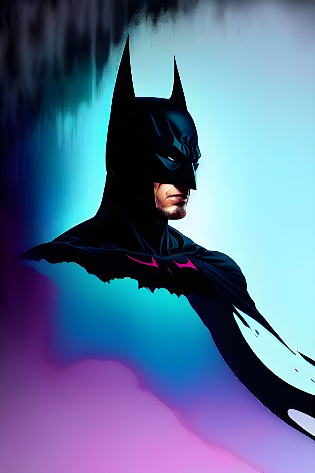 Prompt: muted_abstract_vivid_dripping_blended_colors___Batman_profile_1_2__Seed-4268945_Steps-50_Guidance-7.2