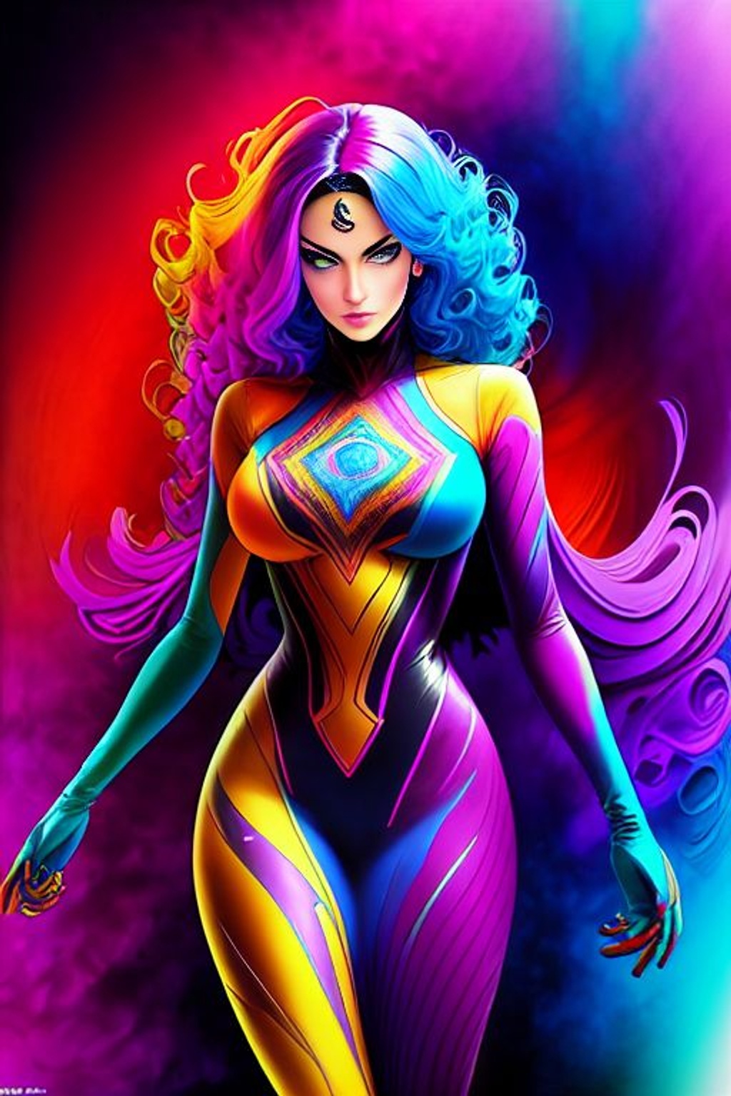 Prompt: muted_abstract_vivid_dripping_wild_spiraled_blended_colors__female_superhero_poster_standing_city_st_Seed-8102554_Steps-50_Guidance-7.2