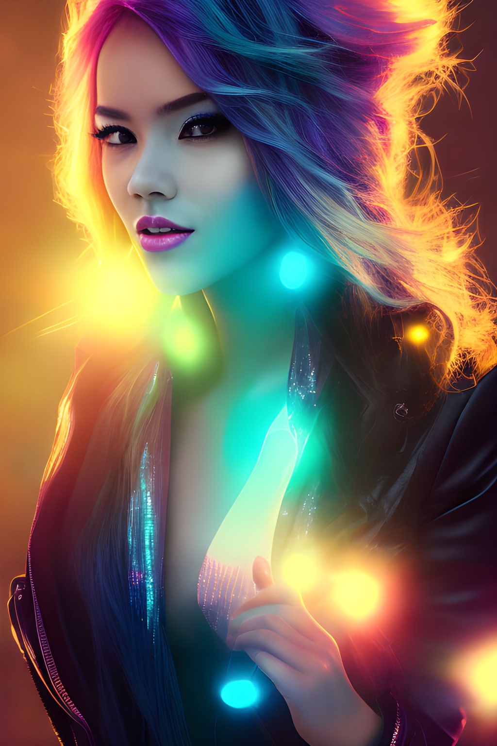 Prompt: Neon_Cityscape__High_Noon__Sparkling_Bright_Sunrays___Attractive_Woman__Wild_Colored_Hair__Natural_S_Seed-5954535_Steps-40_Guidance-9.1