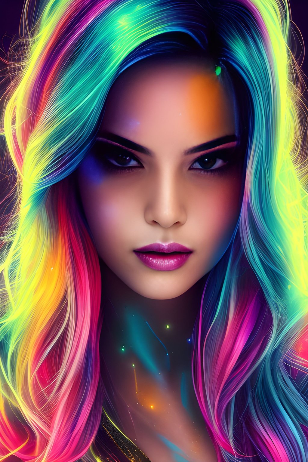 Prompt: Neon_Cityscape__High_Noon__Sparkling_Bright_Sunrays___Attractive_Woman__Wild_Colored_Hair__Natural_S_Seed-8611392_Steps-40_Guidance-9.1