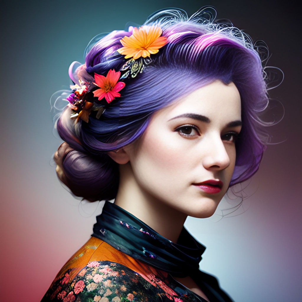 Prompt: Abstract muted color floral Portrait of A women Character, highly detailed facial features, random hair styles, colorful, by Rolf Armstrong,  highly detailed, masterpiece, professional, vivid color, volumetric lighting, fog, professional, 8k, cinematic, menacing, xyf8, unreal engine, octane render, bokeh, vray, houdini render, quixel,  cinematic lighting, luminescence, translucency, arnold render, 8k uhd, raytracing, lumen reflections, cgsociety, ultra realistic, 100mm, film photography, dslr, cinema4d, studio quality, film grain, award-winning