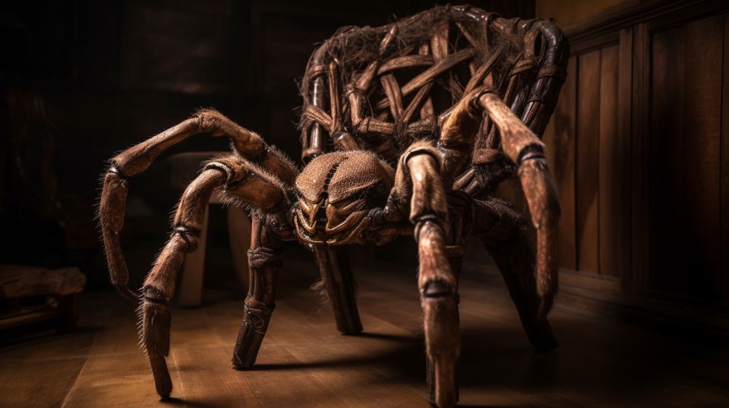 Prompt: antique chair made out of a giant tarantula exoskeleton that has been folded and tied so that it can serve as a seat. The abdomen is the backrest, the cephalothorax is the seat, and the legs have been paired up and tied together to make the chair legs. The chair is in a dusty, old barn with an eerie and creepy vibe to it, --ar 16:9 --q 2 --upbeta --v 5