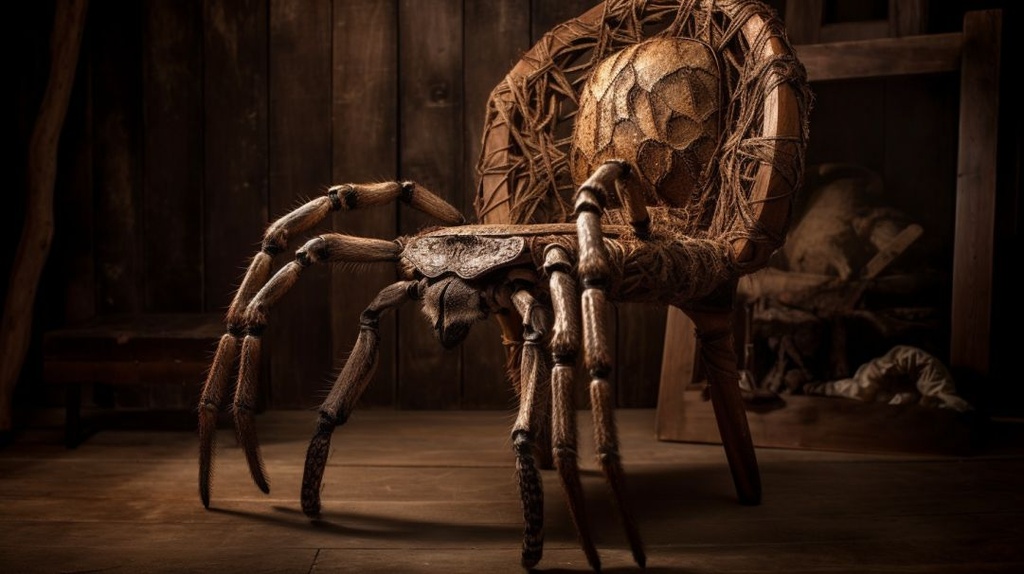 Prompt: antique chair made out of a giant tarantula exoskeleton that has been folded and tied so that it can serve as a seat. The abdomen is the backrest, the cephalothorax is the seat, and the legs have been paired up and tied together to make the chair legs. The chair is in a dusty, old barn with an eerie and creepy vibe to it, --ar 16:9 --q 2 --upbeta --v 5