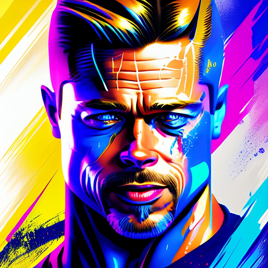 Prompt:  brad pitt action poster neon paint splash, piercing, sparkling blue eyes, highly detailed, award-winning, shiny, smooth, acrylic brush, vibrant colors, realistic, unreal engine, vivid color, cinematic lighting, professional, intricate detail, acrylic vibrant colors,  shadows, fine brush, animate