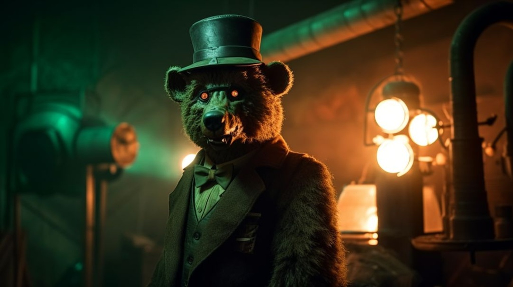 Prompt: an old-fashioned animatronic bear, with a top hat and a gas mask for a face in a green gas atmosphere in Chernobyl, as a giant nuke explosion goes off in front of it, with a creepy vibe and in a dark eerie lighting scheme --ar 16:9 --q 2 --upbeta --v 5