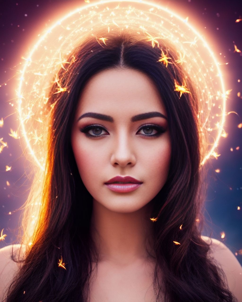 Prompt: dreamlikeart, modelshoot style, A beautiful woman, large nose, intricate long multicolored flowing hair, filigree halo, dark tan skin, ethereal, phoenix, luminous, fireflies, night sky, glowing, trails of light, 3D lighting, celestial, some sparkle, soft light, sunset, fantasy,  UHD, HDR, 16k