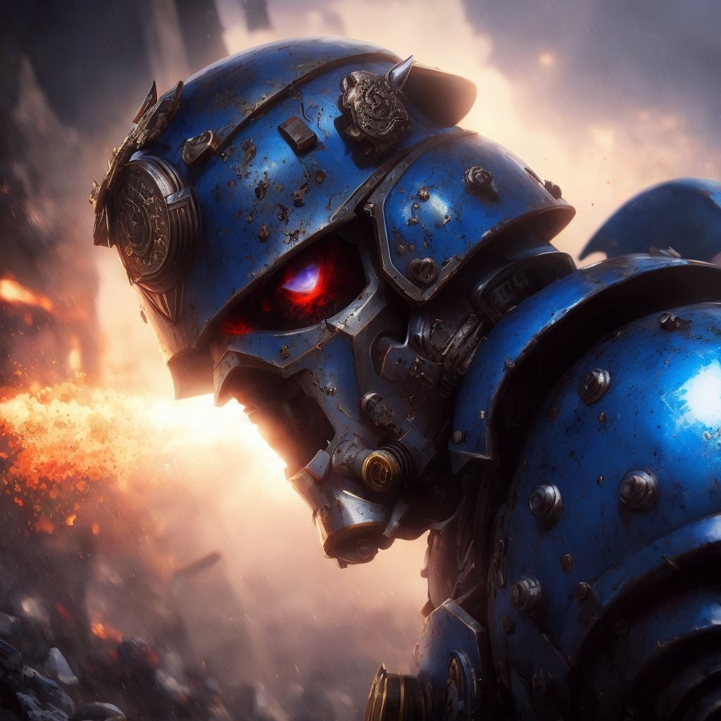 Prompt: (extremely detailed CG unity 8k wallpaper), ((whole body)),((muscle body)), man, scifi soldier,(athletic body), space marine helmet, in combat, war, bullet impacts, ((shooting bolter)),full body, ray tracing,((Warhammer40K)), Ultramarine,(symmetric face), (symmetric eyes) ,((8k space marine)), roboute guilliman, highly detailed, digital photography, heavy armor, high-quality metal texture, complicated background, dynamic camera angle, blood rain behind, ((high-quality gothic ruins)), (depth of field), ((cinematic lighting)), ((dark fantasy:1.5)), spot color, ((blue and white colors)), splashing blood, (best illumination), (hyper intricate details), ((ultra-detailed)), art by artgerm, (war in background),High Detail, Sharp focus, dramatic, majestic , photorealistic painting art  ,UHD, HDR, 8K   