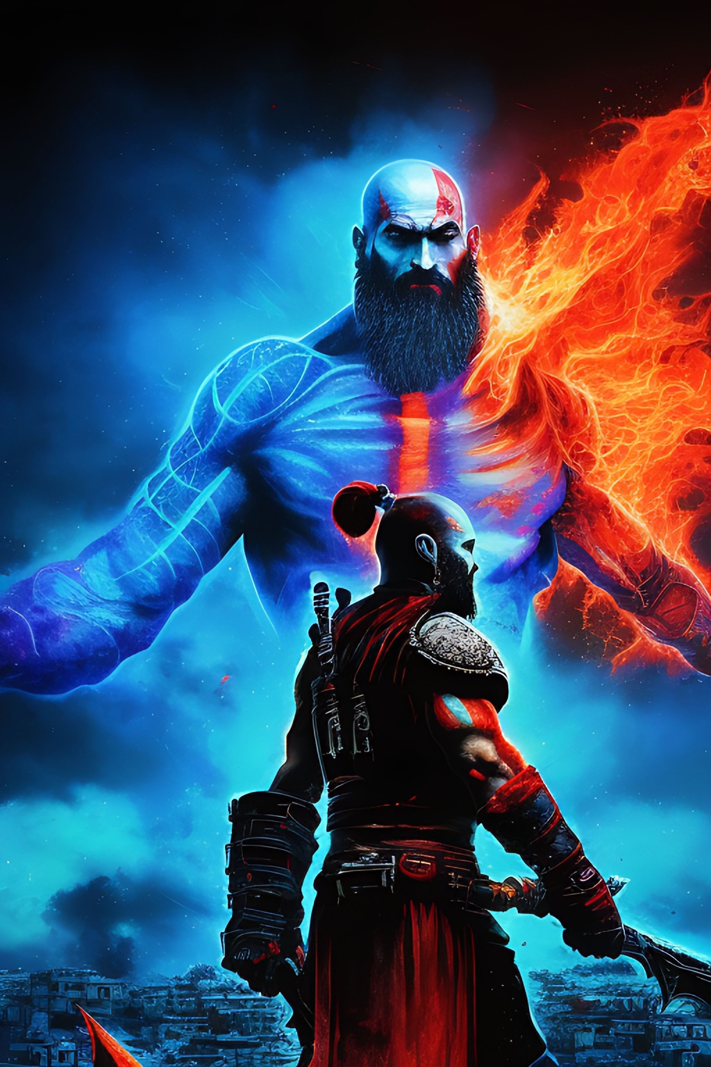 Prompt: poster Aries the God of war with Ram, overseeing a cyberpunk city+, cinematic, cinematic lighting, vivid color, Swirling paint abstract+, Dripping Paint abstract+, Fine Art Print, professional, pencil, 8K, JBG08, Offset Lithography, highly detailed, symmetrical, gothic, acrylic, perfectly drawn body, airbrush, flames