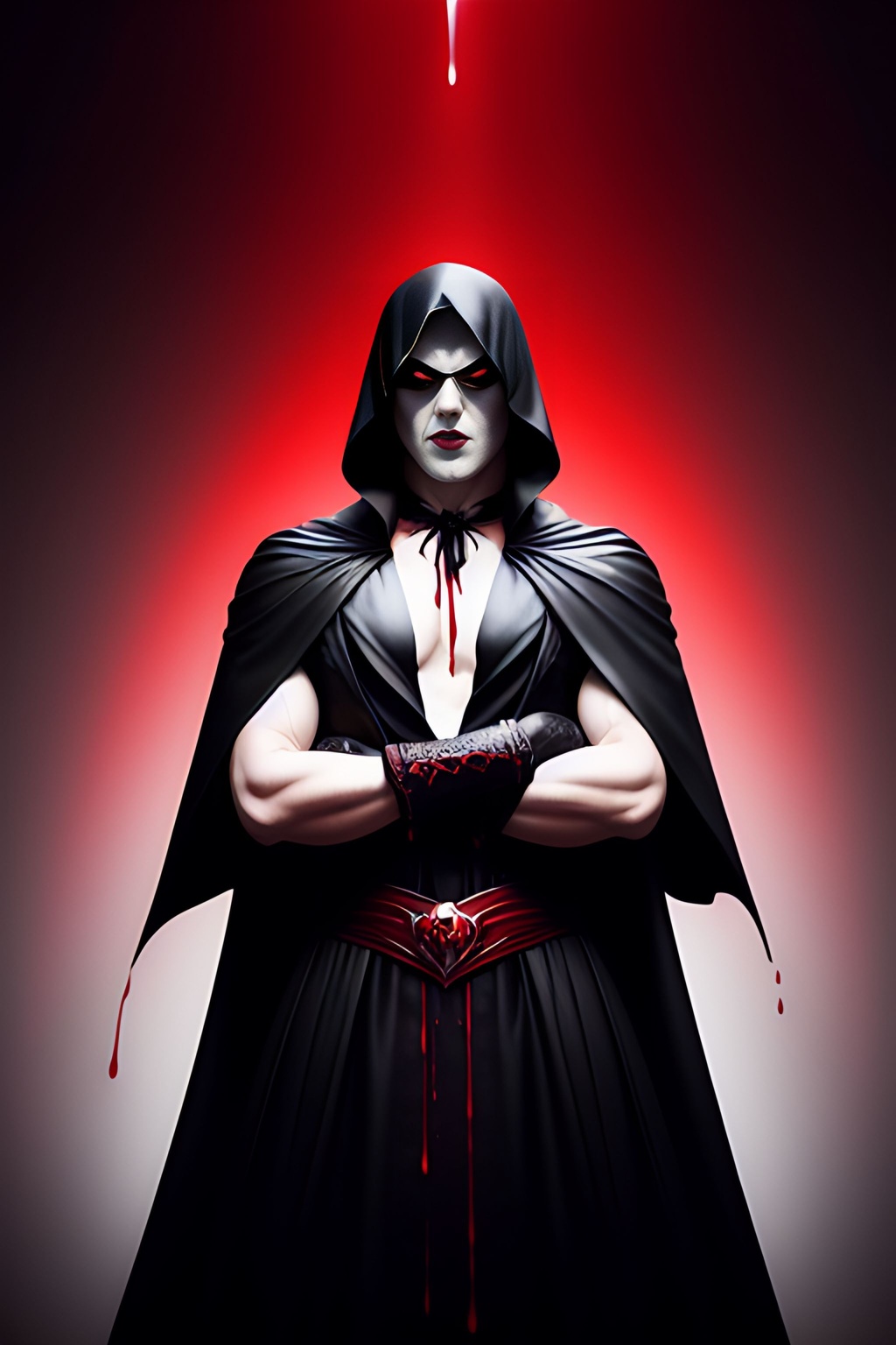 Prompt: Vivid Crimson Blood dripping in black  background, Vampire with flowing cape, intricate facial features, symmetrical, muscular, Toned,  white teeth dripping blood, highly detailed, toned arms, claws, professional, 8k, cinematic, menacing, , xyf8,  unreal engine, octane render, bokeh, vray, houdini render, quixel megascans, arnold render, 8k uhd, raytracing,  lumen reflections, cgsociety, ultra realistic, 100mm, film photography, dslr, cinema4d, studio quality, film grain, award-winning,   