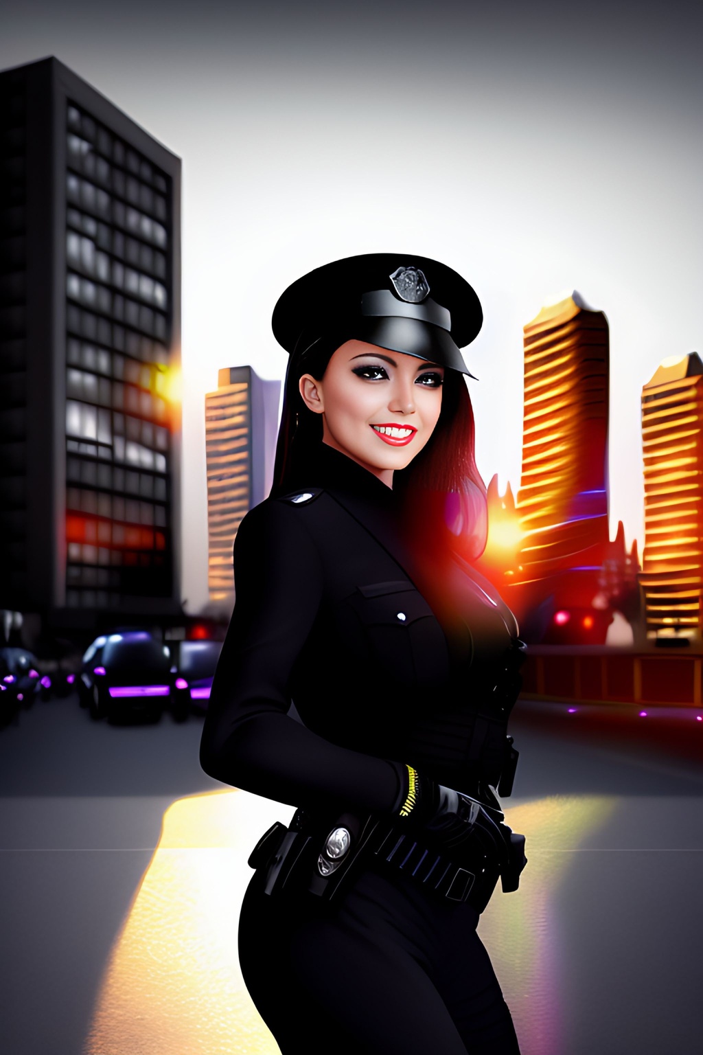 Prompt: Painting Abstract Vivid Color, Attractive woman in a Black Police uniform+++++, soft lighting, pretty eyes, nice smile, bodycon, City Backgrounds+++++, Traffic, sunny,  shadows, sharp focus, masterpiece, highly detailed, intricate detail, 8k, cinematic, global illumination