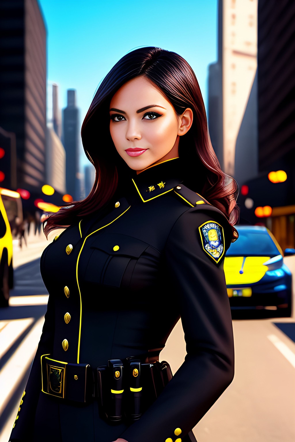 Prompt: Painting Abstract Vivid Color, Attractive woman in a Black Police uniform+++++, soft lighting, pretty eyes, nice smile, bodycon, City Backgrounds+++++, Traffic, sunny,  shadows, sharp focus, masterpiece, highly detailed, intricate detail, 8k, Cinematic, Cinematic Lighting, Global illumination, detailed skin, professional, digital airbrush watercolor:1 gauche:0.35 :1