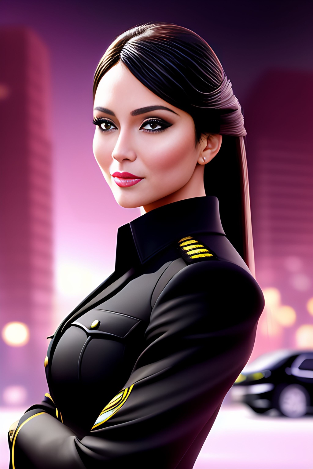 Prompt: Painting Abstract Vivid Color, Attractive woman in a Black Police uniform+++++, soft lighting, pretty eyes, nice smile, bodycon, City Backgrounds+++++, Traffic, sunny,  shadows, sharp focus, masterpiece, highly detailed, intricate detail, 8k, Cinematic, Cinematic Lighting, Global illumination, detailed skin, professional, digital airbrush watercolor:1 gauche:0.35 :1