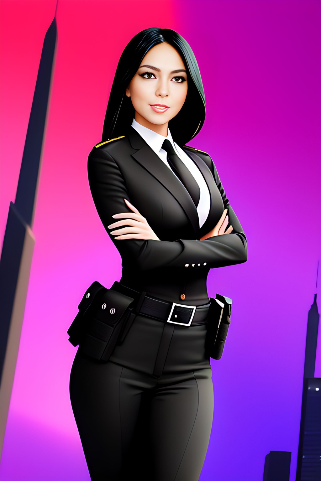 Prompt: Painting Abstract Vivid Color, Attractive woman in a Black Police uniform+++++, soft lighting, pretty eyes, nice smile, symmetrical, bodycon, City Backgrounds+++++, Traffic, sunny,  shadows, sharp focus, masterpiece, highly detailed, intricate detail, 8k, Cinematic, Cinematic Lighting, Global illumination, detailed skin, professional, digital airbrush watercolor:1 gauche:0.35 :1