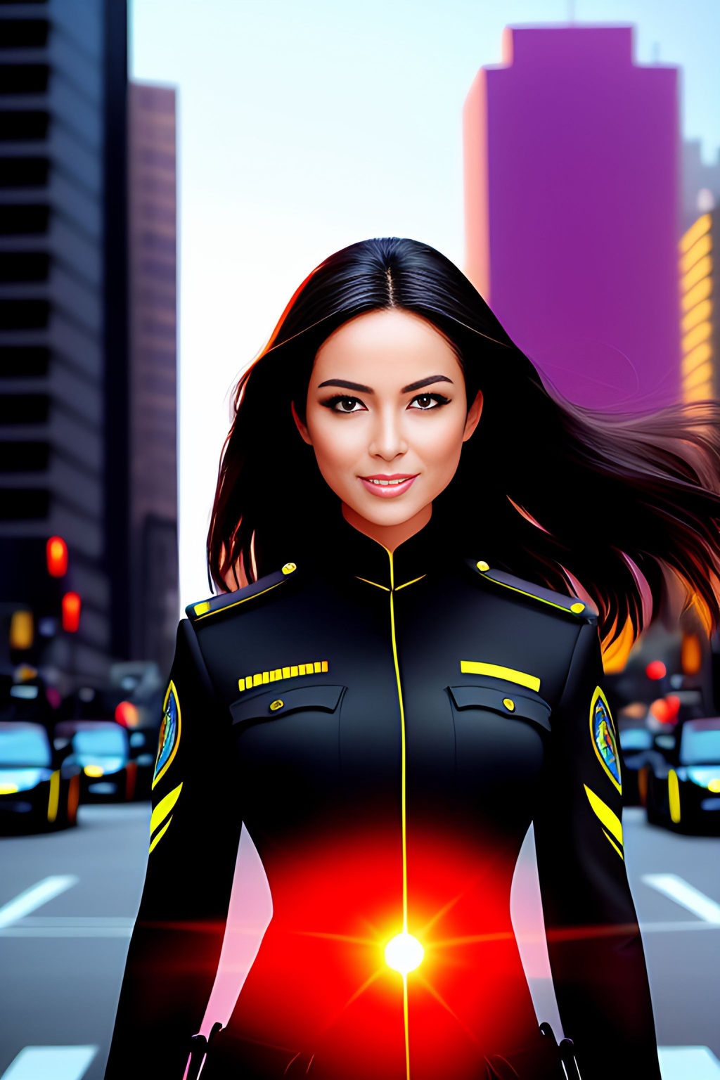 Prompt: Painting Abstract Vivid Color, Attractive woman in a Black Police uniform+++++, soft lighting, pretty eyes, nice smile, symmetrical, bodycon, City Backgrounds+++++, Traffic, sunny,  shadows, sharp focus, masterpiece, highly detailed, intricate detail, 8k, Cinematic, Cinematic Lighting, Global illumination, detailed skin, professional, digital airbrush watercolor:1 gauche:0.35 :1