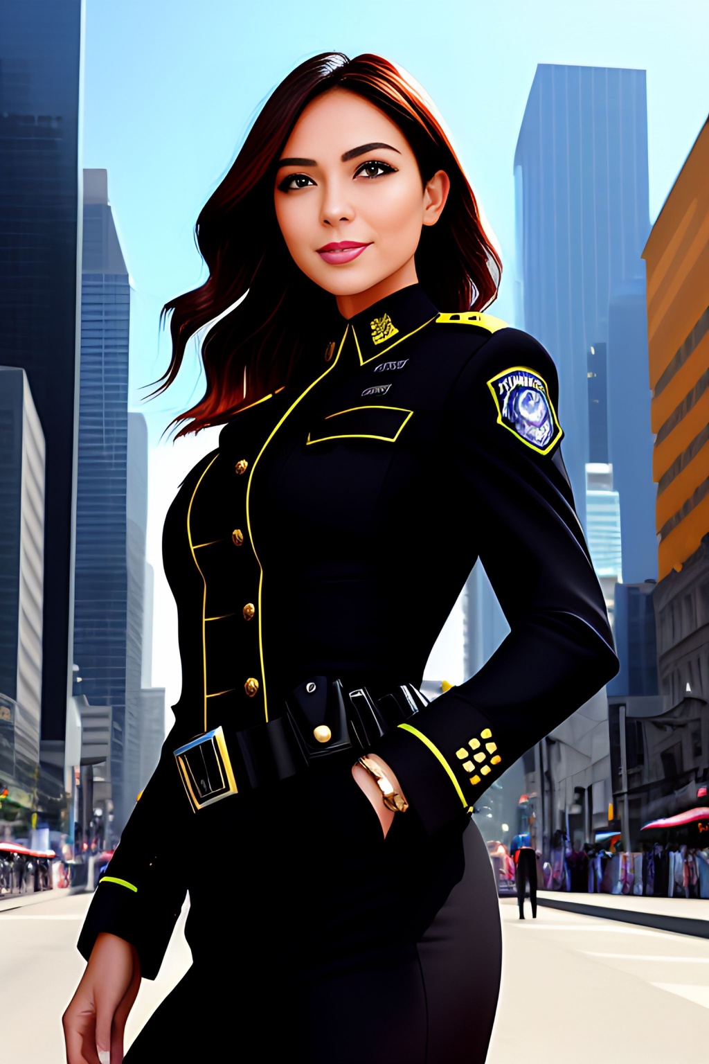 Prompt: Painting Abstract Vivid Color, Attractive woman in a Black Police uniform+++++, soft lighting, pretty eyes, nice smile, symmetrical, bodycon, City Backgrounds+++++, Traffic, sunny,  shadows, sharp focus, masterpiece, highly detailed, intricate detail, 8k, Cinematic, Cinematic Lighting, Global illumination, detailed skin, professional, digital airbrush watercolor:1 gauche:0.35 :1