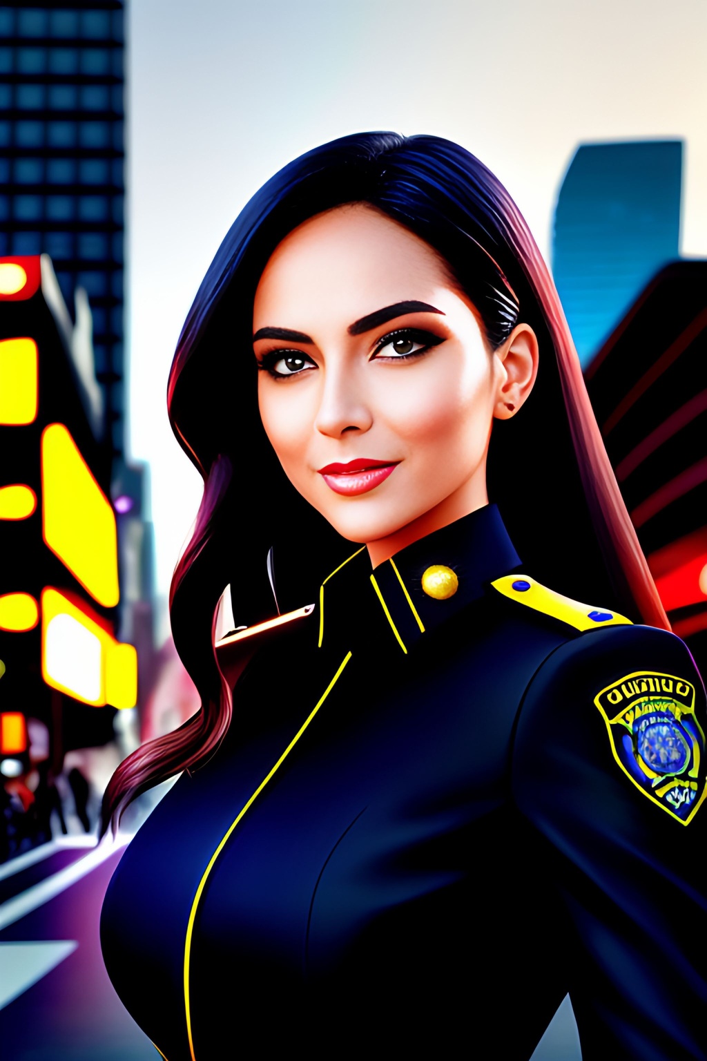 Prompt: Painting Abstract Vivid Color, Attractive woman in a Black Police uniform+++++, soft lighting, pretty eyes, nice smile, symmetrical, bodycon, City Backgrounds+++++, Traffic, sunny,  shadows, sharp focus, masterpiece, highly detailed, intricate detail, 8k, Cinematic, Cinematic Lighting, Global illumination, detailed skin, professional, digital airbrush watercolor:1 gauche:0.35 :1