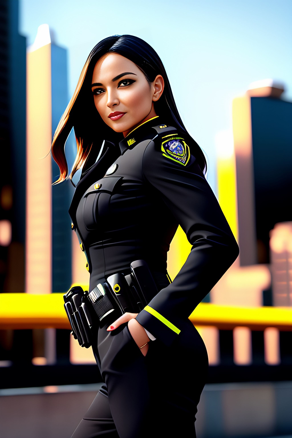 Prompt: Painting Abstract Vivid Color, Attractive woman in a Black Police uniform+++++, soft lighting, pretty eyes, nice smile, symmetrical, bodycon, City Backgrounds+++++, Traffic, sunny,  shadows, sharp focus, masterpiece, highly detailed, intricate detail, 8k, Cinematic, Cinematic Lighting, Global illumination, detailed skin, professional, digital airbrush watercolor:1 gauche:0.35 :1