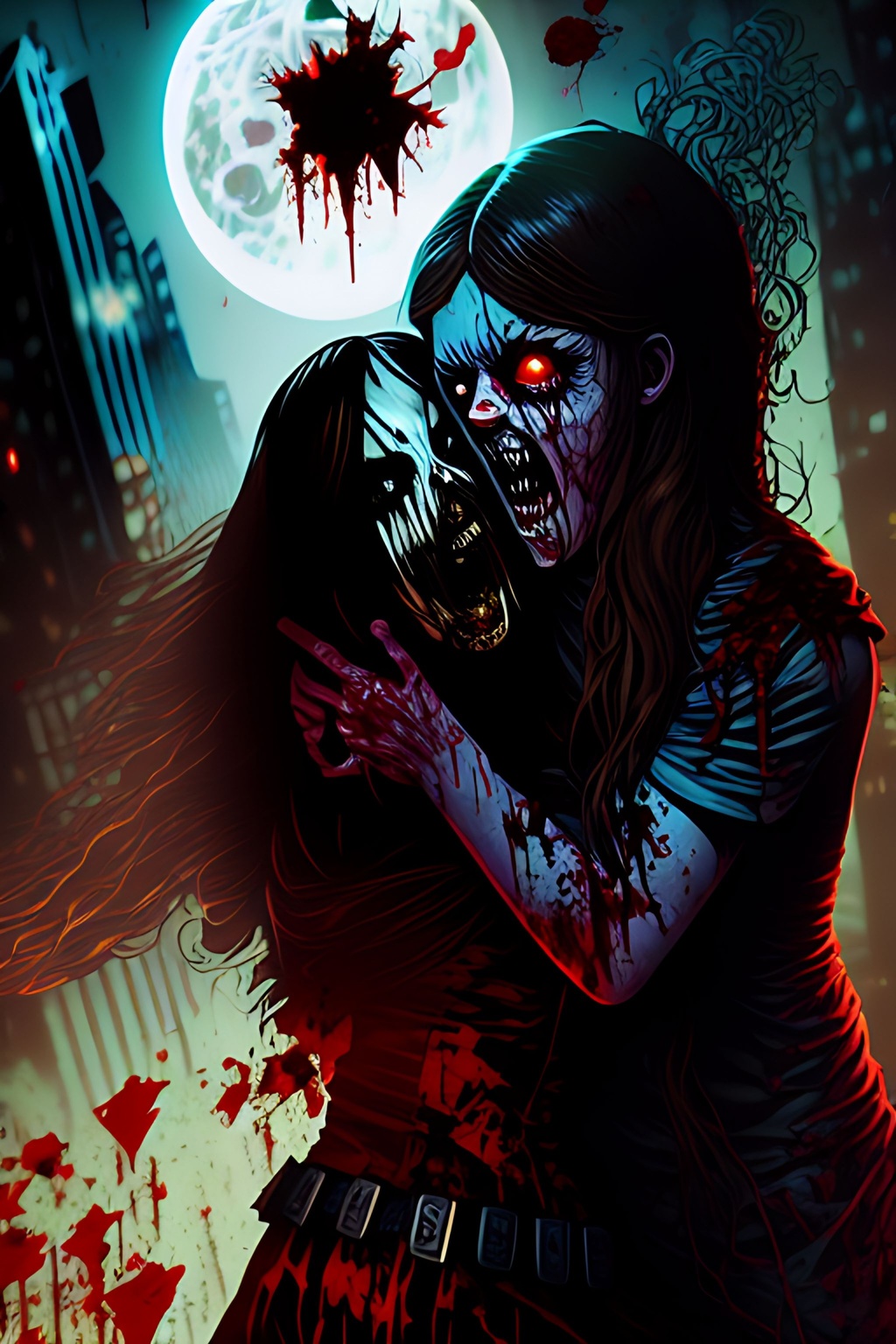 Prompt: Graphic Novel, Comic book, muted colors, blood+++, scary+++, gore+++, horror++,menacing, Zombie++Attacking a terrified screaming Young woman+++++, Toned, Ripped,  chasing, beaming moon, perfectly drawn claws, hands,+++++ Acrylic, vivid colors, hard shadows, highly detailed, intricate detail, cinematic lighting, artstation, random action