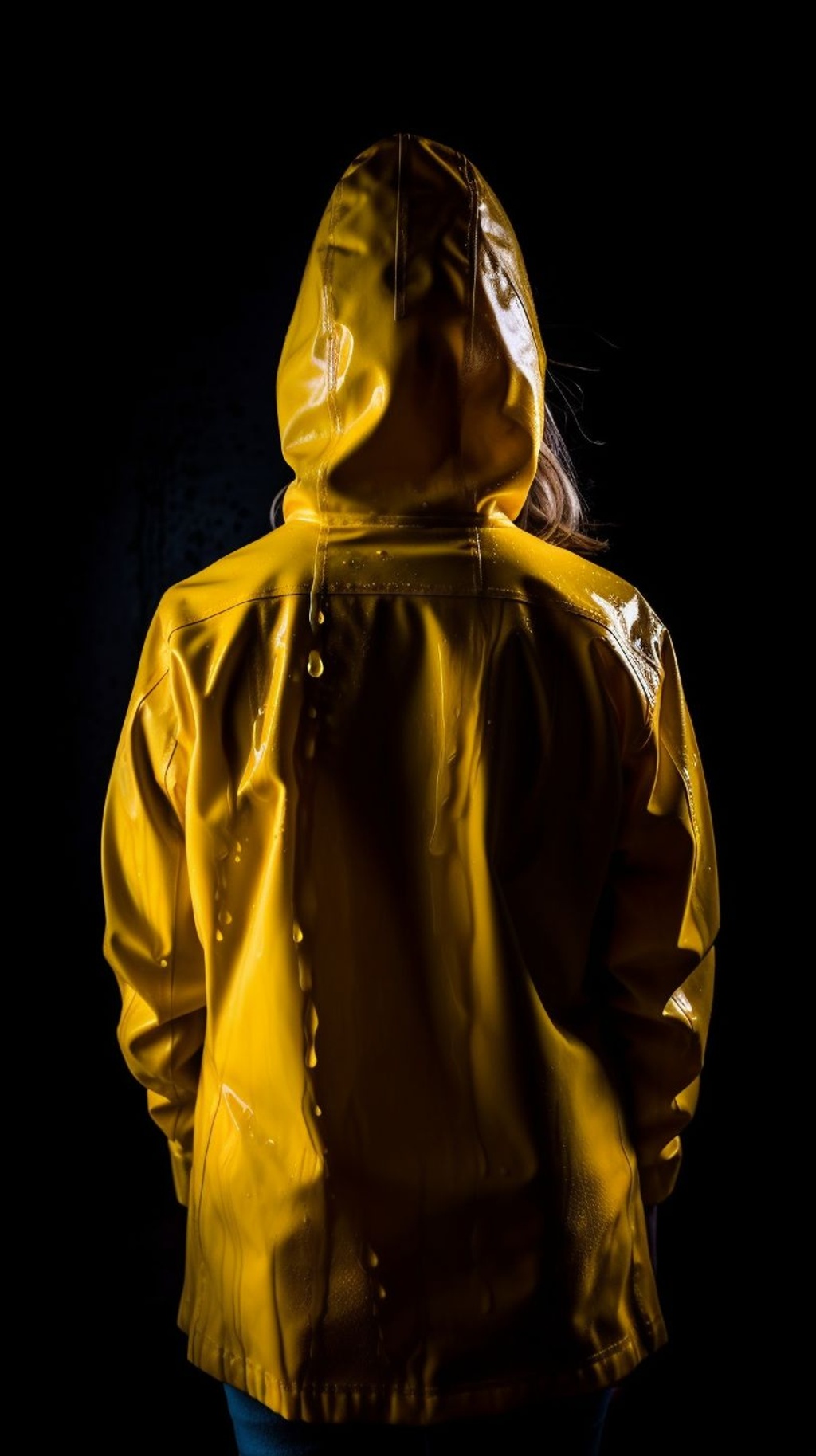 Prompt: girl full body seen from behind with yellow tight raincoat, high contrast