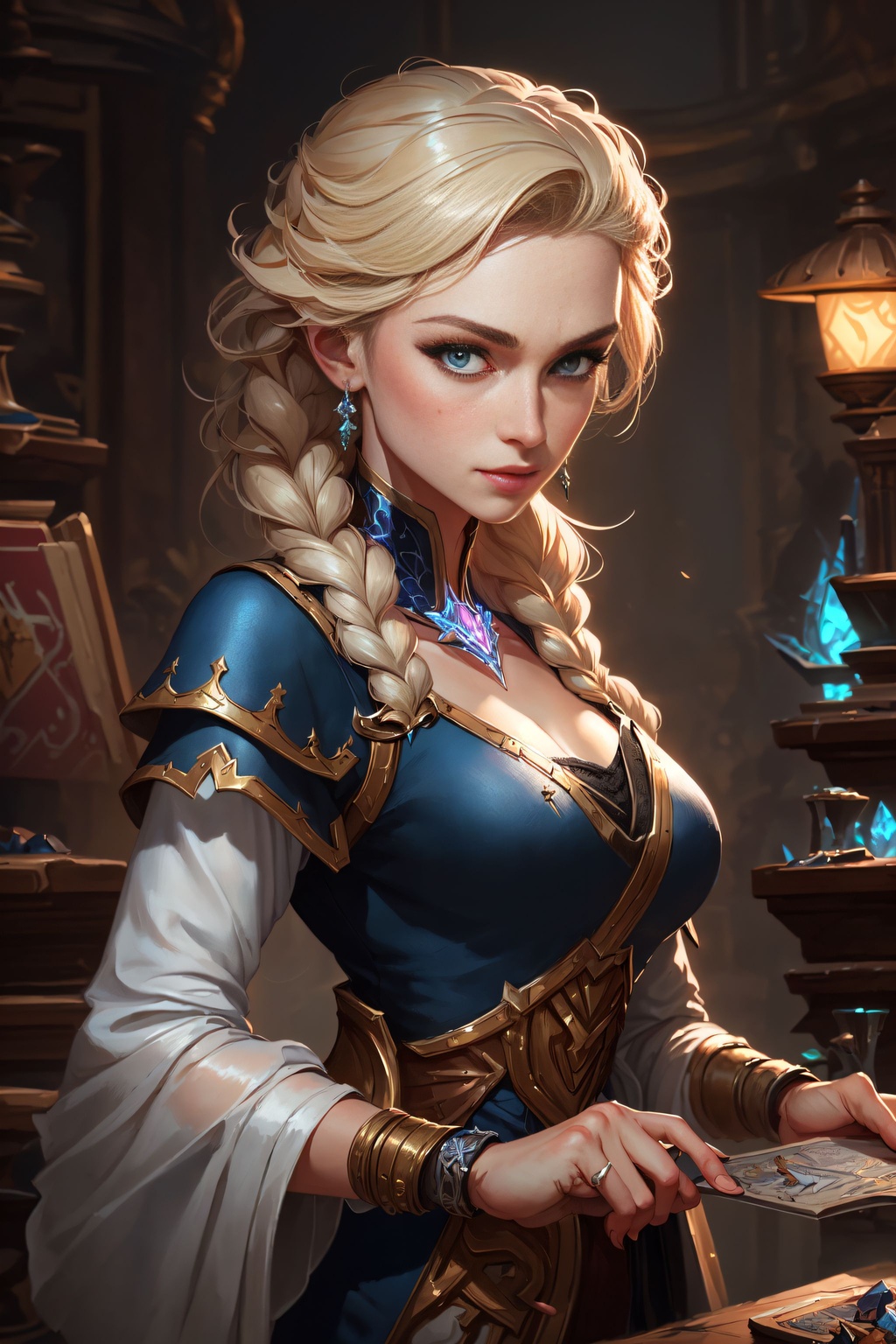 Prompt: ((Masterpiece)),    Elsa, d & d, fantasy, intricate, elegant, highly detailed, digital painting, artstation, concept art, matte, sharp focus, illustration, hearthstone, art by artgerm and greg rutkowski and alphonse mucha, 8k, HDR, UHD,  <lora:epiNoiseoffset_v2:0.8>