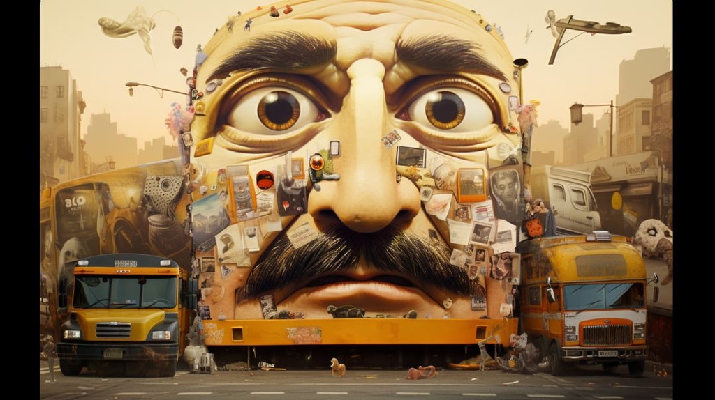 Prompt: realistic-looking face, but with weird mustaches for the nose, the eyes, the mouth, the ears, and on various other objects in this scene, including trucks and street signs. It looks like this bizarre image is melting and melting together, with a creepy and hilarious vibe. --ar 16:9 --q 2 --upbeta --v 5