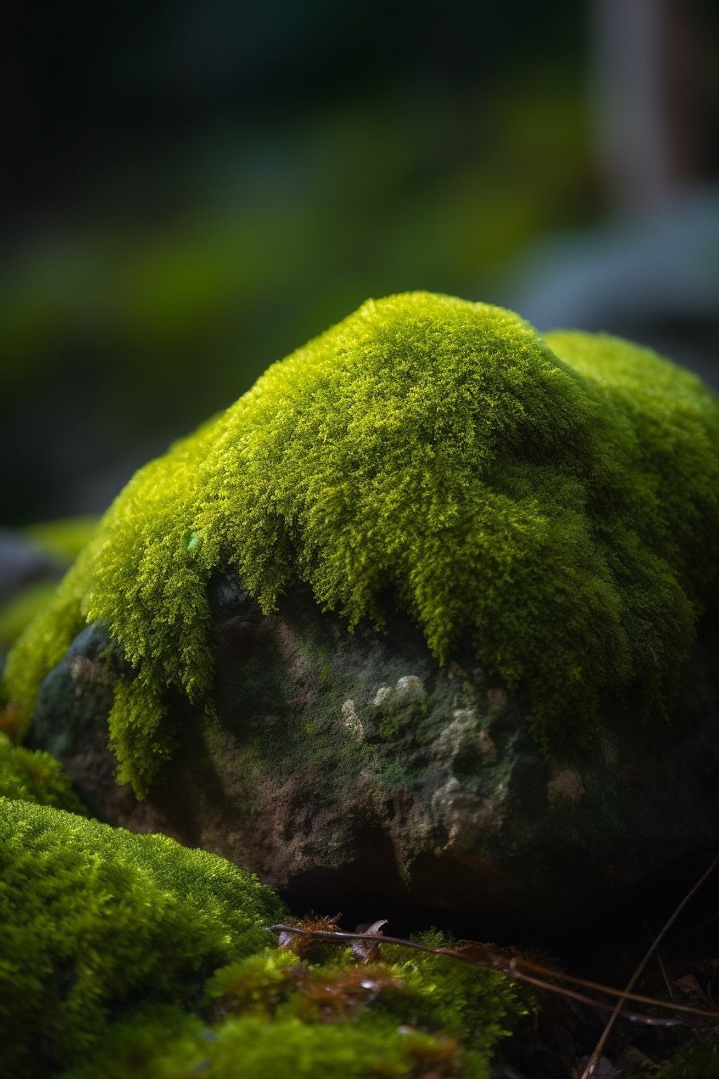 Prompt: Rock covered with bright green moss, National Geographic, professional color grading, soft shadows, no contrast, f-stop 1.2, depth of field, focus stacking, macro photography