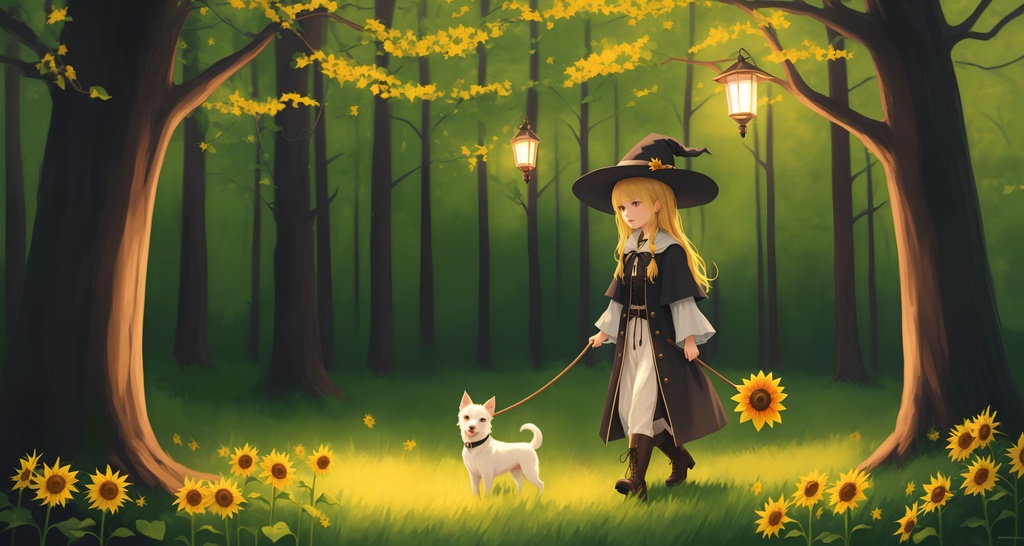 Prompt: witch with long blonde hair, a hanging lantern, pet white pitbull dog, wearing witch hat, cute, sunflower, aesthetic, fairycore, disney, pixar, moon, stars, witchcraft, in a starry dark sky, beautiful, walking in a forest, sweet, dreamy, rpg, sci-fi, award winning illustration, artstation, highres, ((((16:9 UHD 4k wallpaper))))