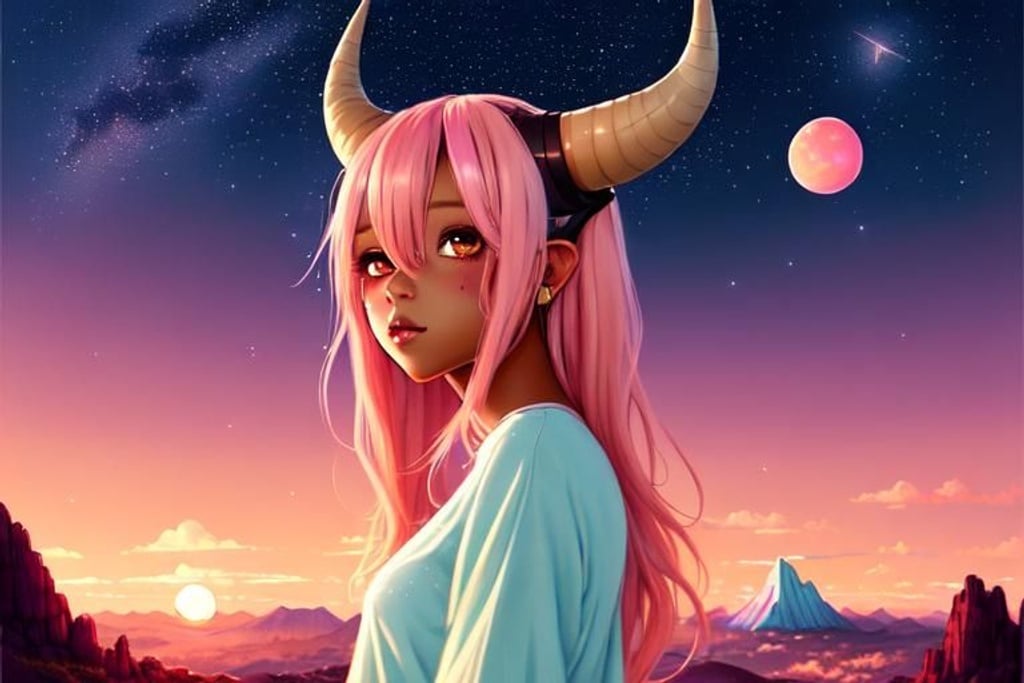 Prompt: Pink Haired Girl with rams horns in space moon and sunset 