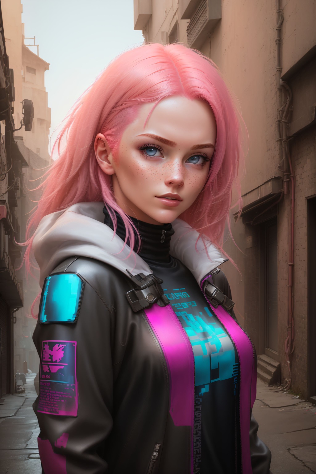 Prompt: ((best quality)), ((masterpiece)), ((realistic)), (detailed), portrait, close up, young girl with pink hair, freckles, blue eyes, highly detailed skin, looking at the viewer, cyberpunk art, cyberpunk 2077, stunning gradient colors, no watermark signature, detailed background, town, alley, dark alley, closed mouth, insanely detailed, , ((masterpiece)), absurdres, HDR