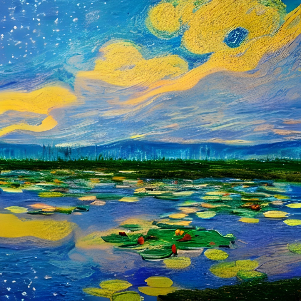 Prompt: an impressionist artwork of a lake with water lilies and a night sky