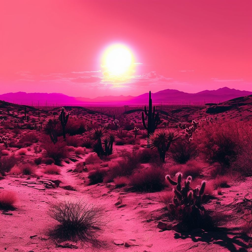 Prompt: san pedro in the desert, pink sky with big pink sun, high contrast