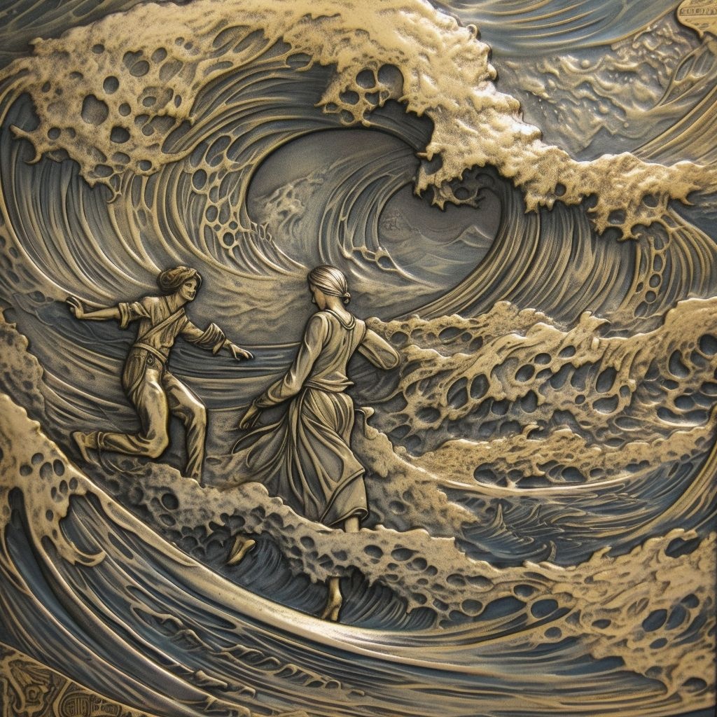 Prompt: pepole is running away from the wave that is comming behind them metallic embossed