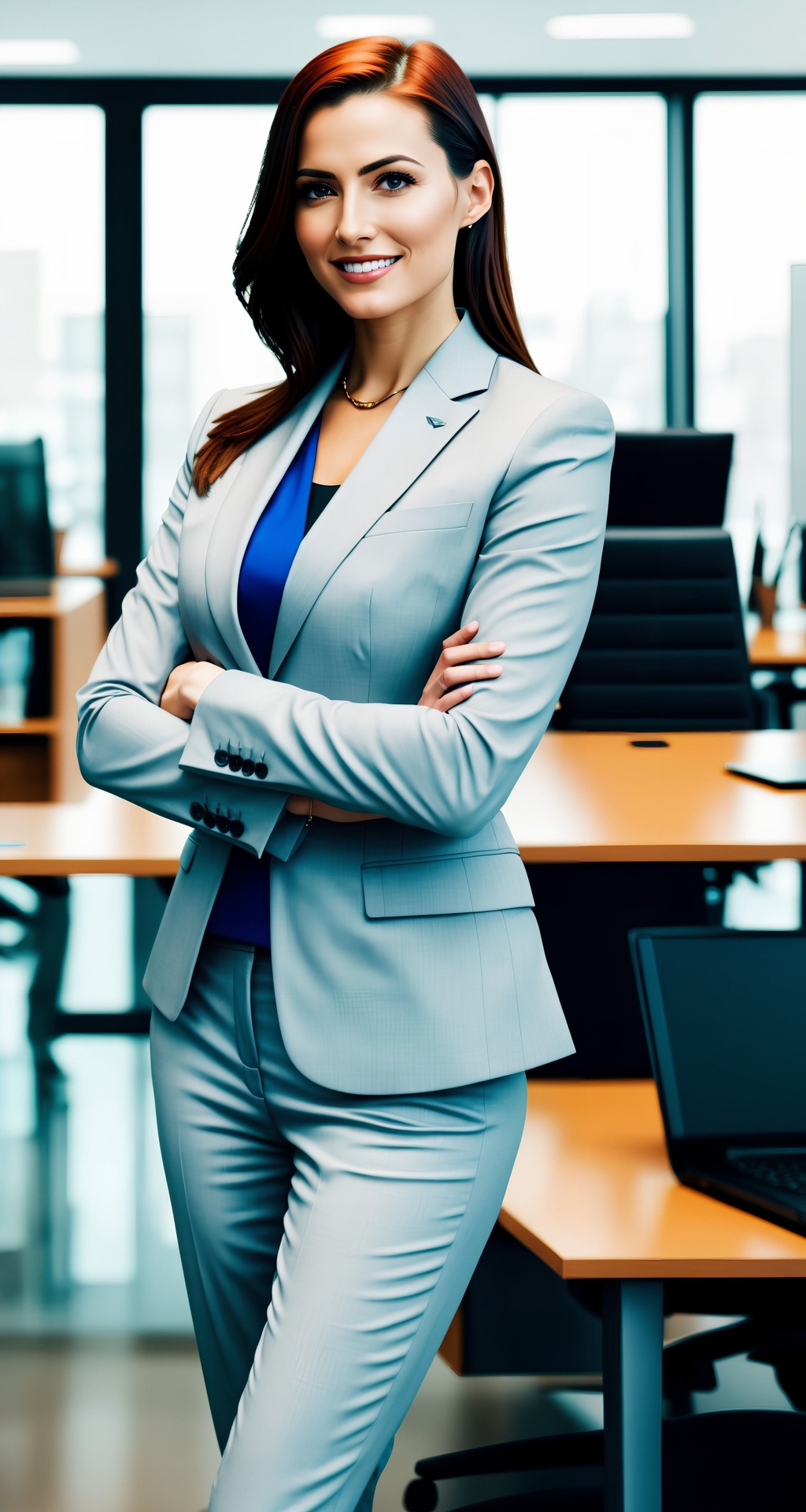 Prompt: RAW photo, photorealistic photo of business woman wearing pants suit in a busy office, stock trading, full body, 4k uhd wallpaper, soft lighting, high quality, film grain, Fujifilm XT3, Crisp Pinterest portrait photography, HDR color.