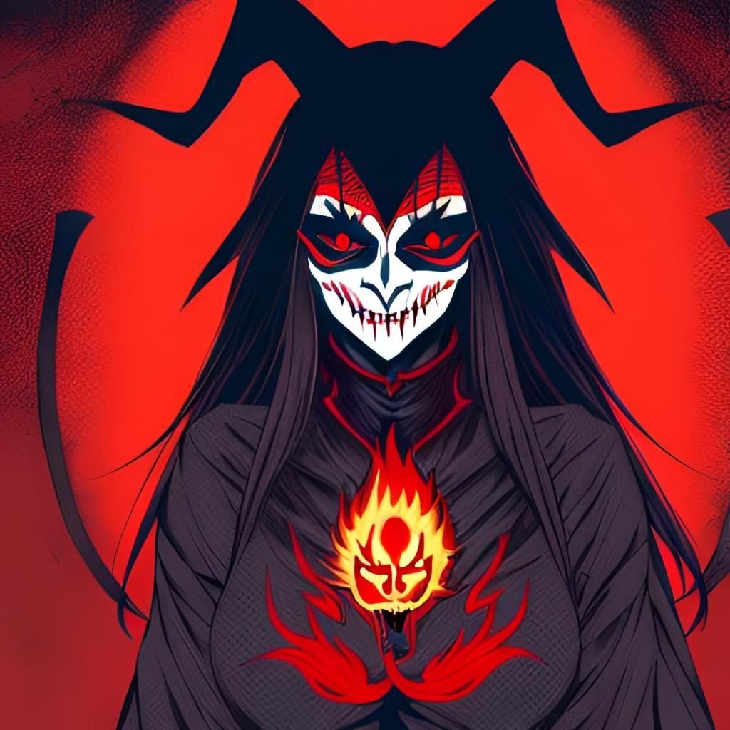 Prompt: Witch, Black_Hair, Red Fire Spirit, Juggalo, Queen of Hell