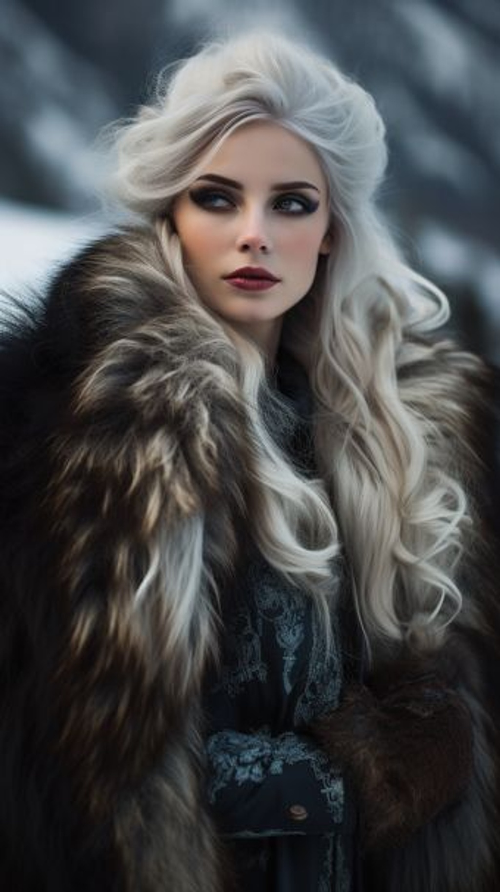 Prompt: realistic, glamorous fashion photography, pretty female with long black fur coat with red embellishments, silver armor mixed into the coat, long white hair streaked with black and silver, ice blue eyes, very pretty, arms crossed, background is a snowy mountainside, --ar 9:16 --q 2 --upbeta --v 5