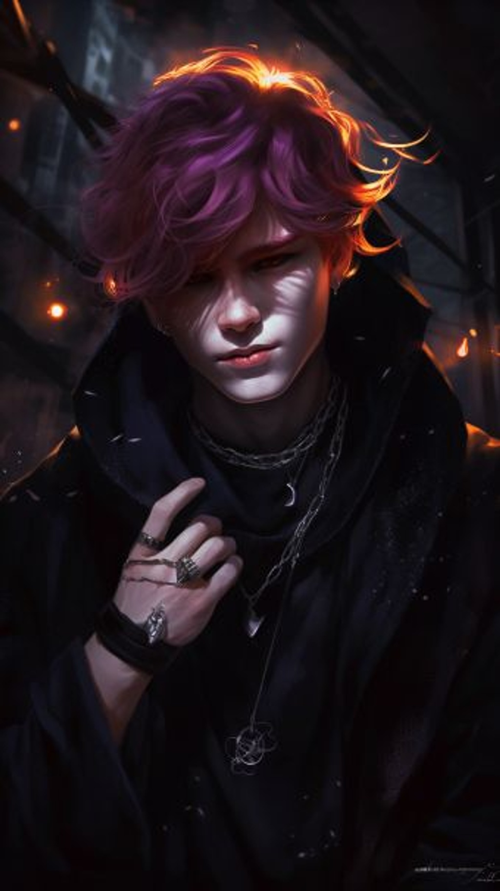 Prompt: realistic, glamorous fashion photography, Tartaglia from Genshin Impact, messy short ginger hair, wearing black clothing, posing for a dramatic picture, with a dark aura surrounding him, and his eyes glowing purple, photorealistic Tartaglia from Genshin Impact, messy short ginger hair, wearing black clothing, posing for a dramatic picture, with a dark aura surrounding him, and his eyes glowing blue --ar 9:16 --q 2 --upbeta --v 5