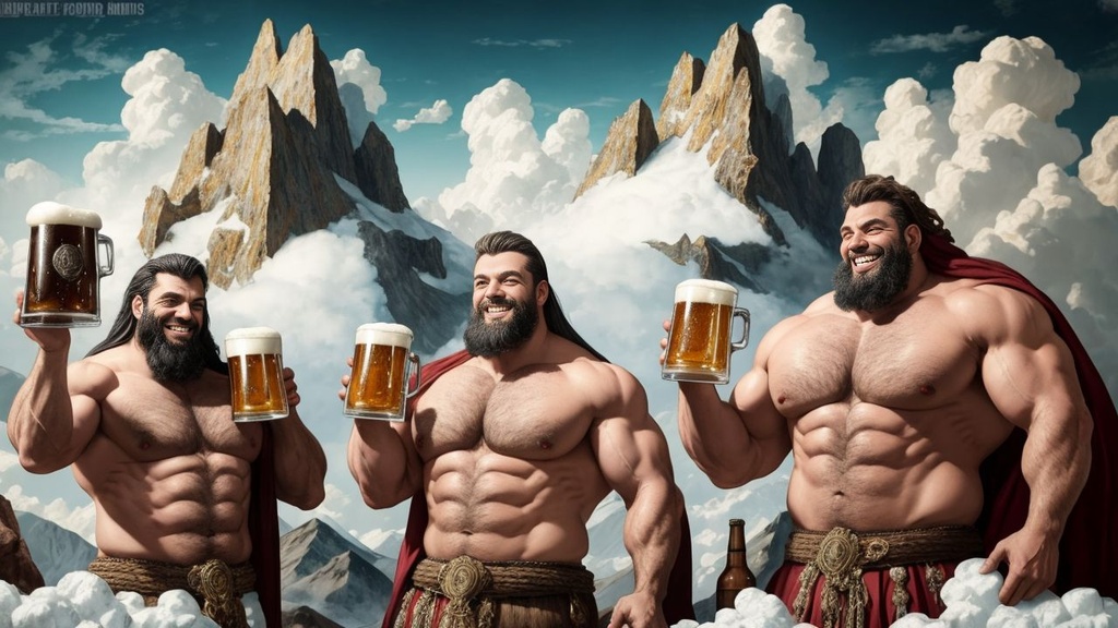 Prompt: Ancient muscular gods of berr with beer mugs, mountains, epic, high quality